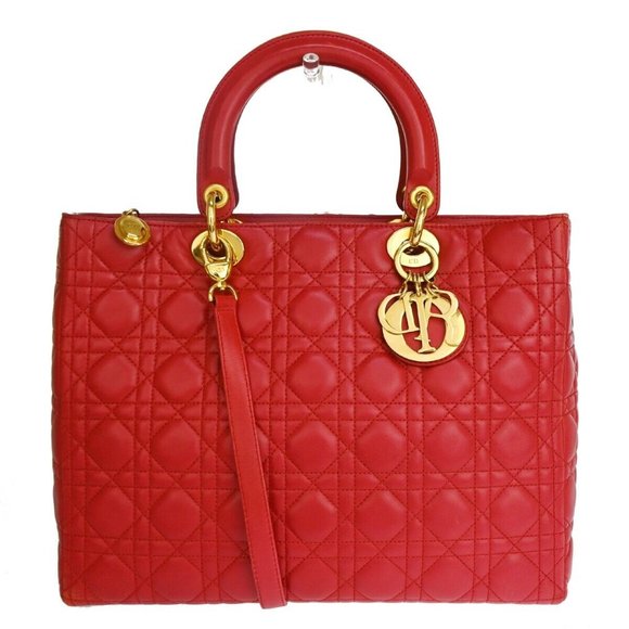 CHRISTIAN DIOR Lady Cannage 2Way Shoulder Hand Tote Bag Leather Red GHW 675RJ337 - Picture 1 of 13